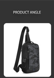 Black and gray camouflage sling bag on a white background with 'Product Angle' text above.