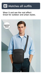 Man wearing a black crossbody bag with text about outfit compatibility and style.