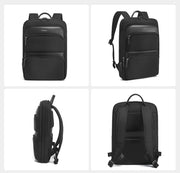 Black backpack shown from multiple angles on a white background