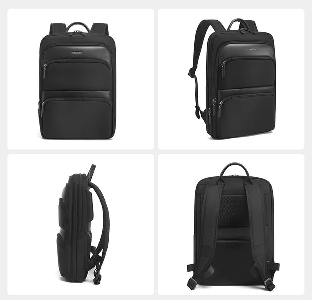 Black backpack shown from multiple angles on a white background
