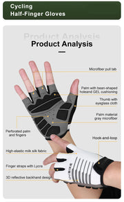 Cycling half-finger gloves with feature description on a white background