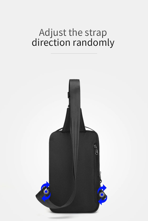 Black sling bag with adjustable strap on a white background