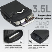 Black backpack with storage features and capacity details on a gray background