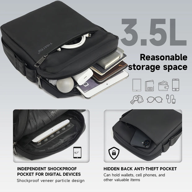 Black backpack with storage features and capacity details on a gray background