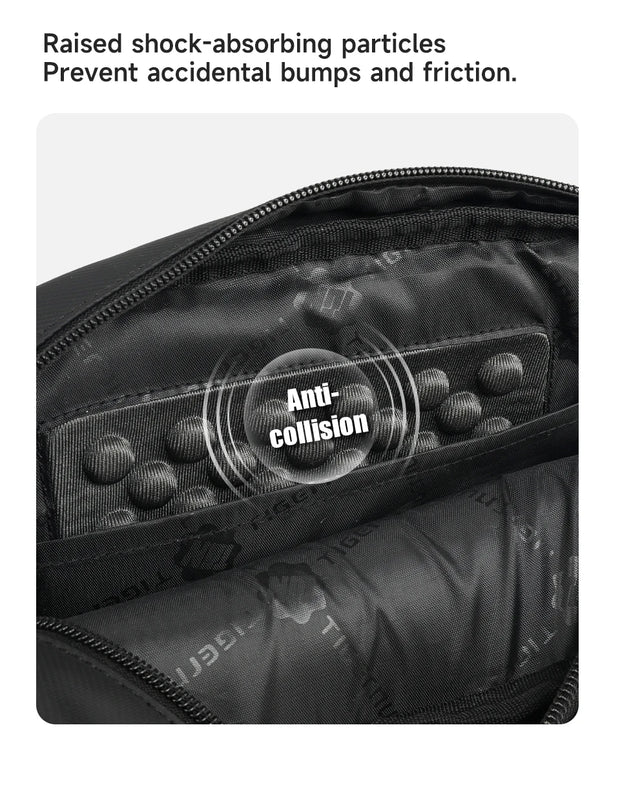 Black bag with anti-collision feature labeled on a white background