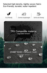 Fabric material specifications with TPU composite and Oxford cloth details against a forest background.