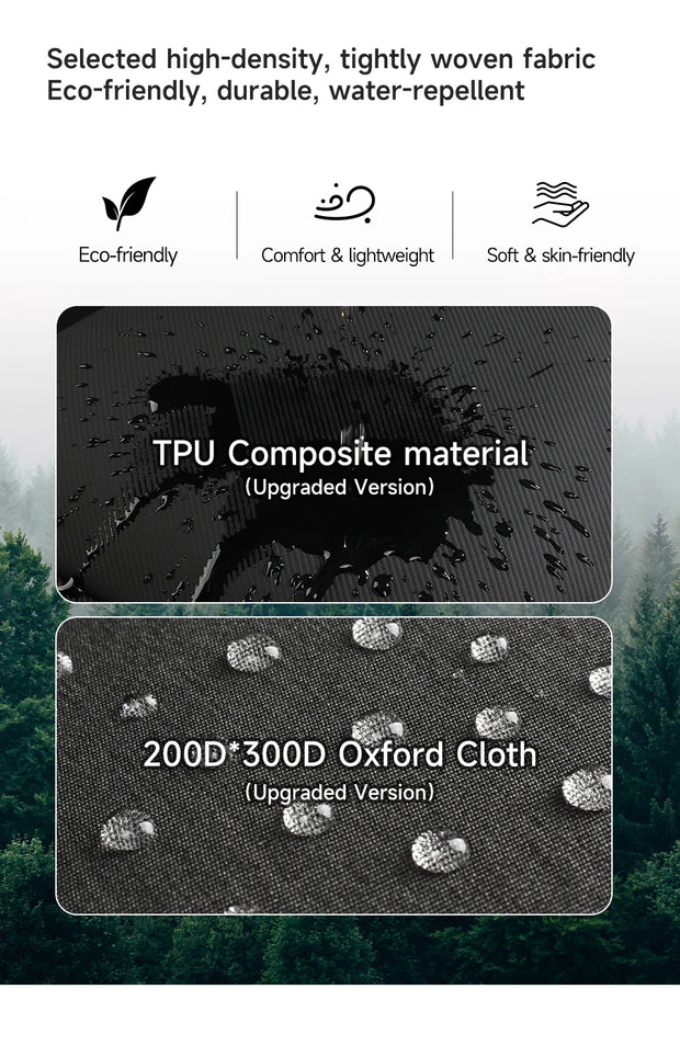 Fabric material specifications with TPU composite and Oxford cloth details against a forest background.