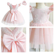 Collage of a pink dress with lace details and a large bow on a mannequin.