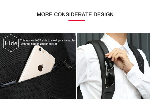 Backpack with hidden zipper pocket feature and person holding sunglasses.