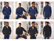 Man wearing a blue shirt in various poses with a neutral background