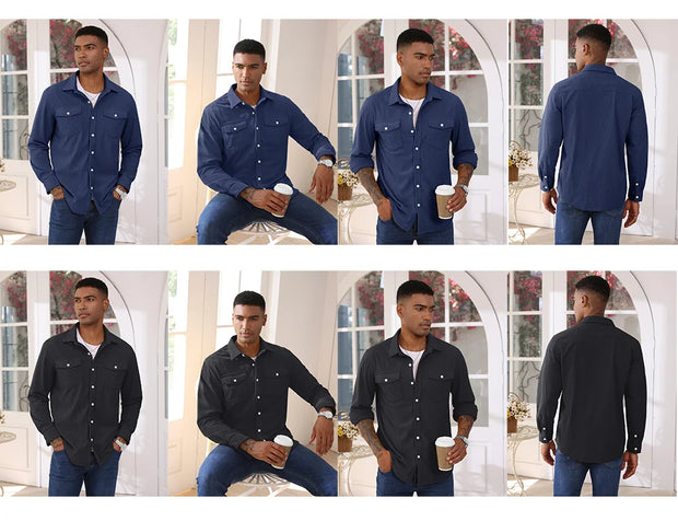 Man wearing a blue shirt in various poses with a neutral background