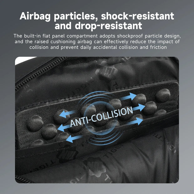 Black bag with airbag particles and text explaining shock resistance and drop resistance.