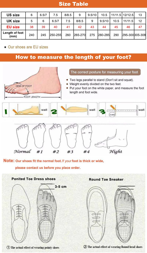 Shoe size chart and measurement guide with foot diagram and shoe styles.