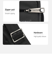 Close-up of a black bag with zipper pull and hardware