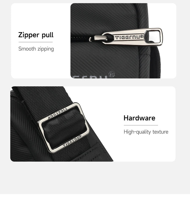 Close-up of a black bag with zipper pull and hardware