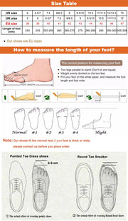 Shoe size chart and measurement guide with foot diagram and shoe styles.