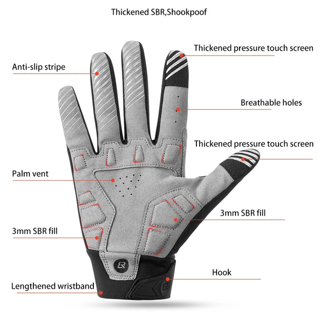 Gray glove with features labeled on a white background
