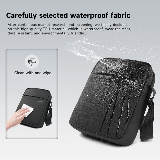 Black bag with waterproof material shown being cleaned with a wipe, on a gray background.