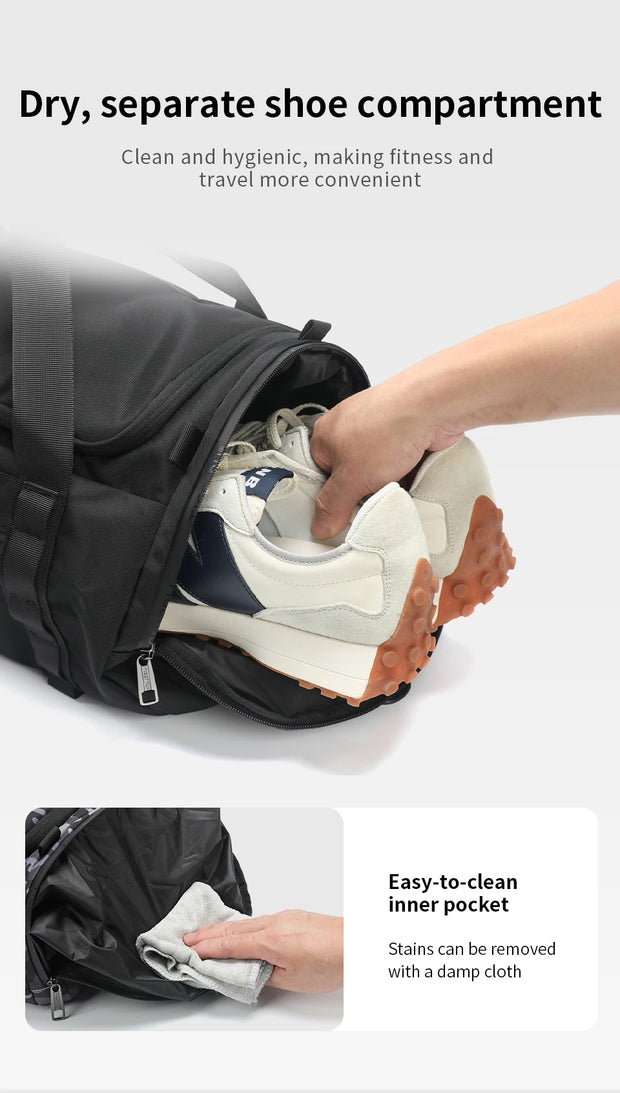 Black backpack with a shoe compartment and cleaning instructions on a white background