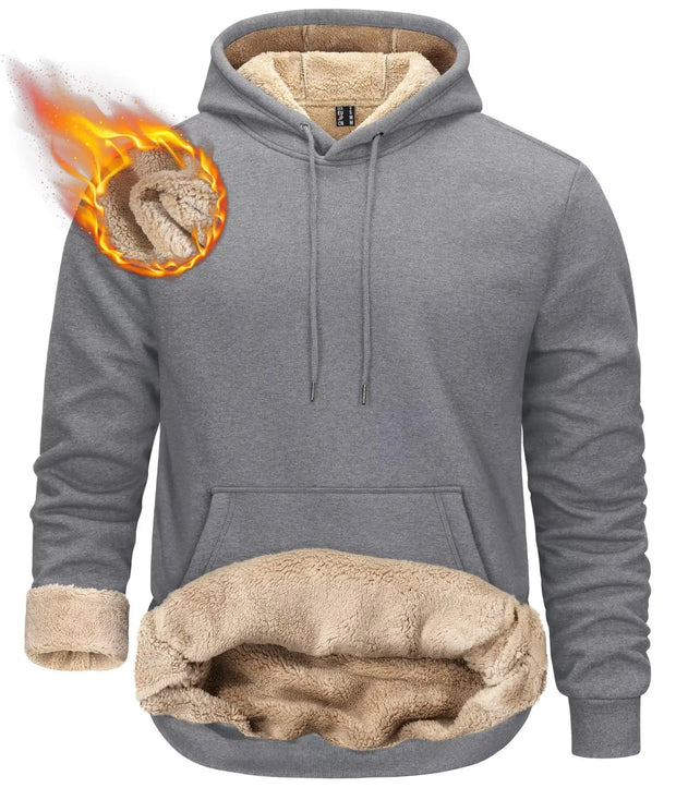 Gray hoodie with beige fleece lining and flame graphic on a white background