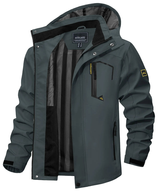 Dark gray jacket with black accents on a white background