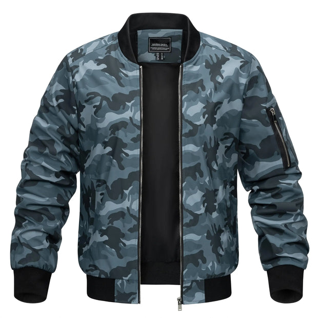 Camouflage jacket with black accents on a white background