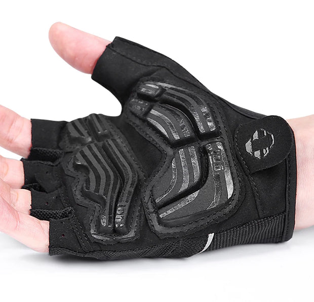 Black half-finger glove with protective padding on a white background