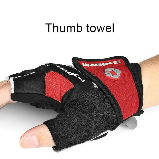 Red and black glove with thumb towel feature