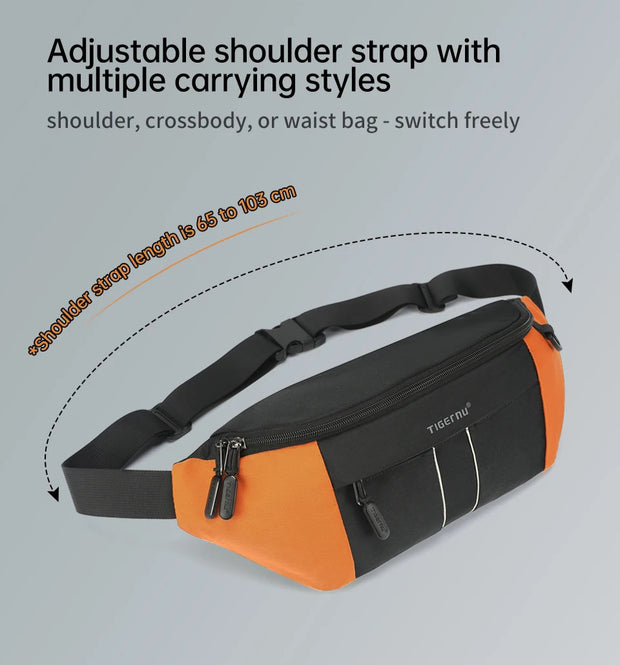 Orange and black waist bag with adjustable shoulder strap on a gray background