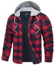 Red and black plaid jacket with gray hood on a white background