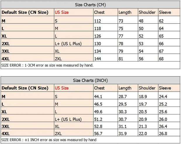 Size chart comparing Chinese (CN) and US sizes with measurements in centimeters and inches.