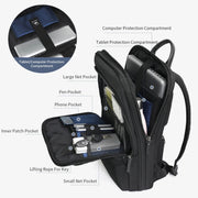 Black backpack with labeled compartments on a white background