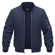Navy blue bomber jacket on a white background