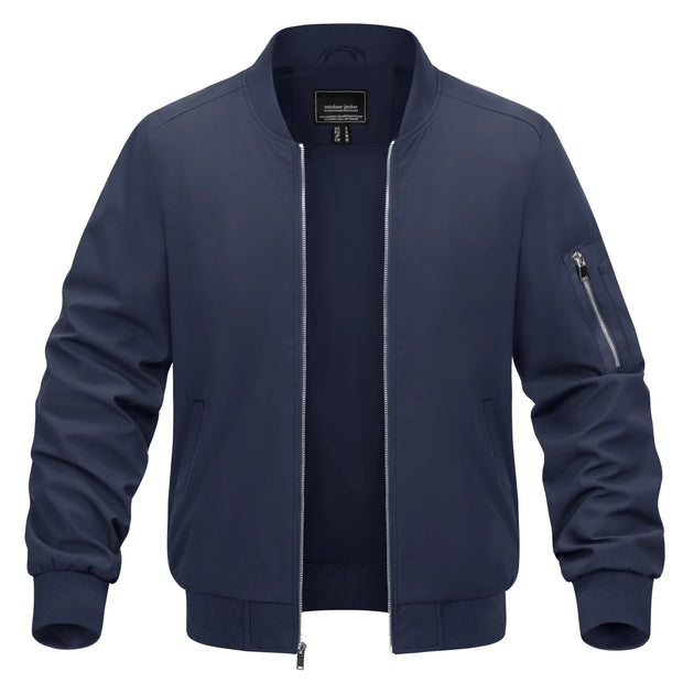 Navy blue bomber jacket on a white background