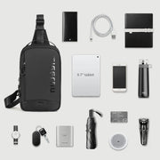 Collection of black and gray electronic accessories on a white background