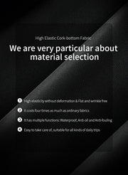 Text on a black background about high-elastic cork-bottom fabric with features listed.