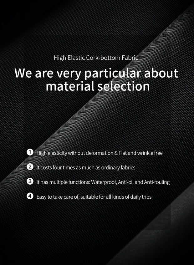 Text on a black background about high-elastic cork-bottom fabric with features listed.