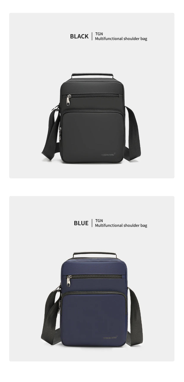 Two multifunctional shoulder bags, one black and one blue, on a white background.