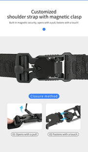 Black customized shoulder strap with magnetic clasp on a white background