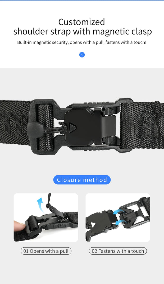 Black customized shoulder strap with magnetic clasp on a white background