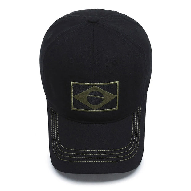 Black cap with a green logo on a white background