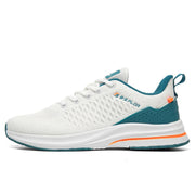 White and blue athletic shoe with orange accents on a white background