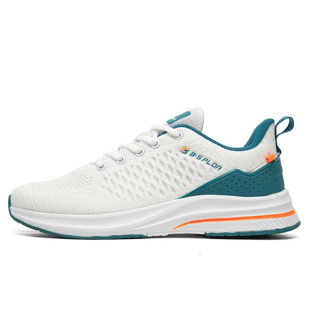 White and blue athletic shoe with orange accents on a white background