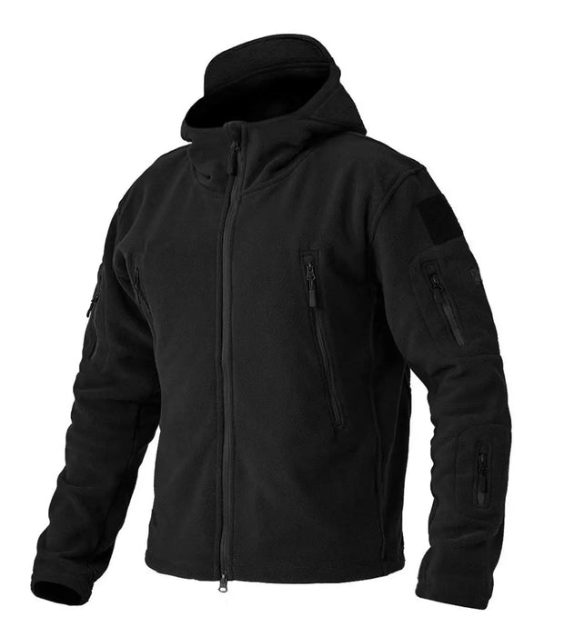 Black tactical jacket with multiple pockets on a white background
