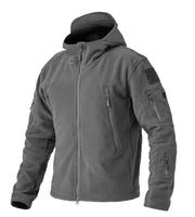 Gray tactical jacket with multiple pockets and zippers on a white background
