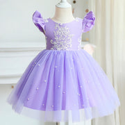 Lavender dress with floral embroidery on a mannequin against a white background