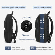 Backpack with capacity expansion feature shown before and after 7cm expansion.