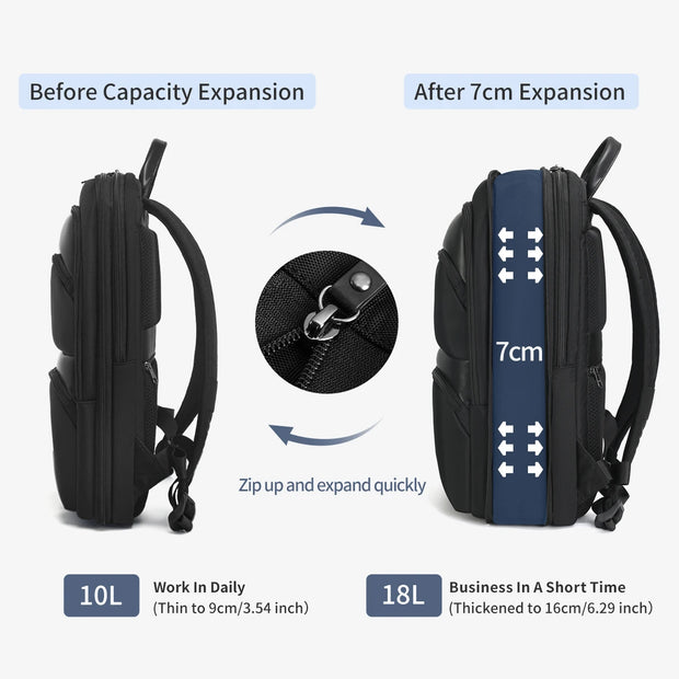 Backpack with capacity expansion feature shown before and after 7cm expansion.