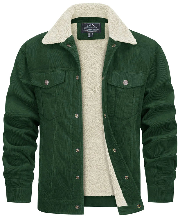 Green jacket with white sherpa lining on a white background
