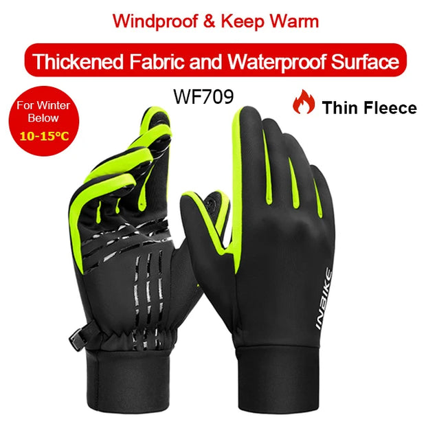 Black gloves with green accents on a white background, featuring text about windproof and warm properties.